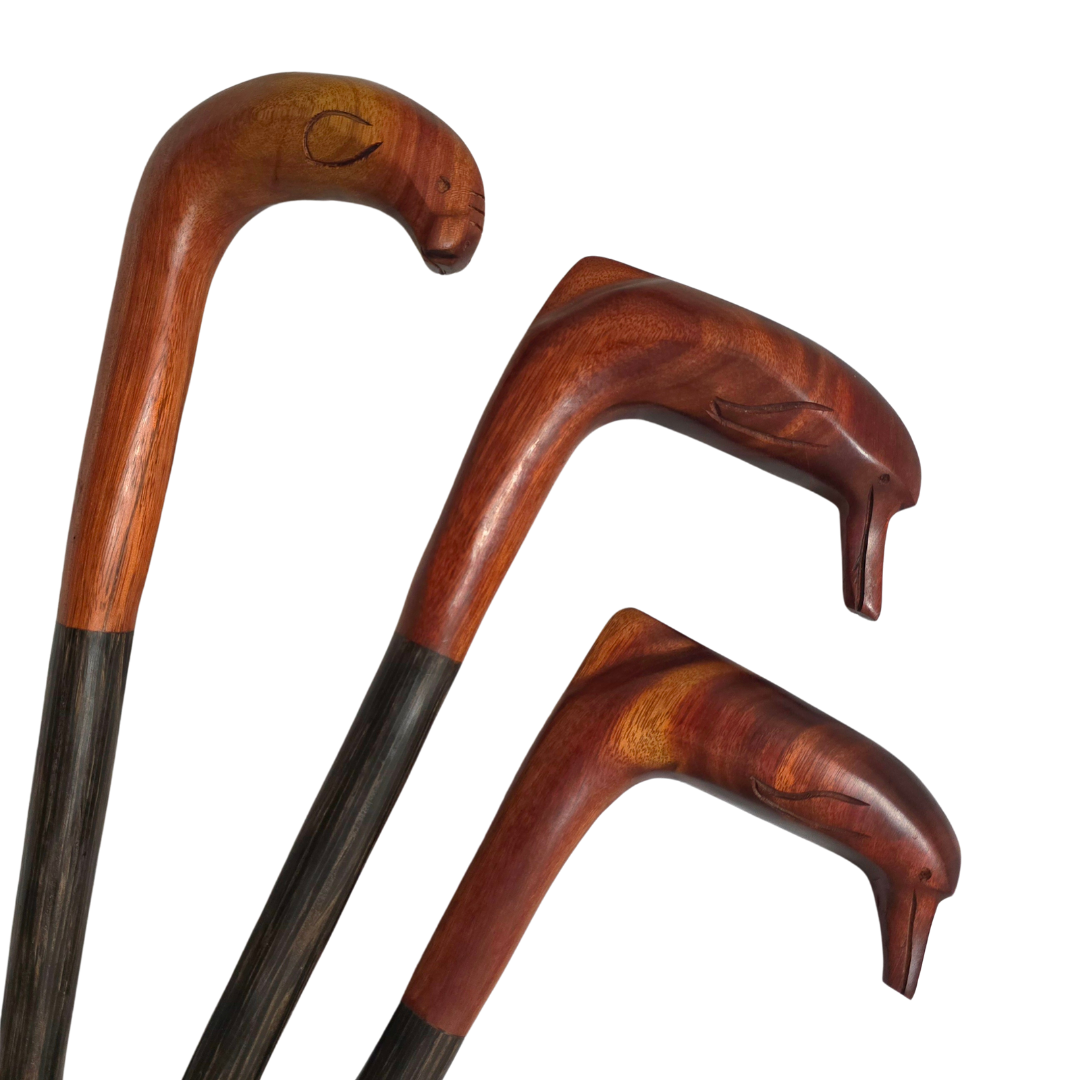 Palo sangre animal dolphin and manatee walking sticks - hand made by Peruvian Amazon artisan - Amazon Ecology