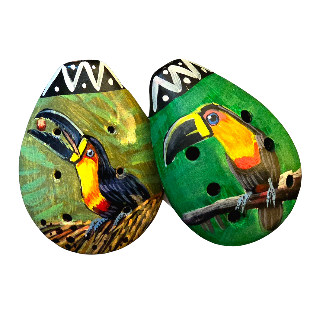 Ocarina ceramic whistle with painted wildlife figures - made by a Peruvian Amazon artisan - Amazon Ecology