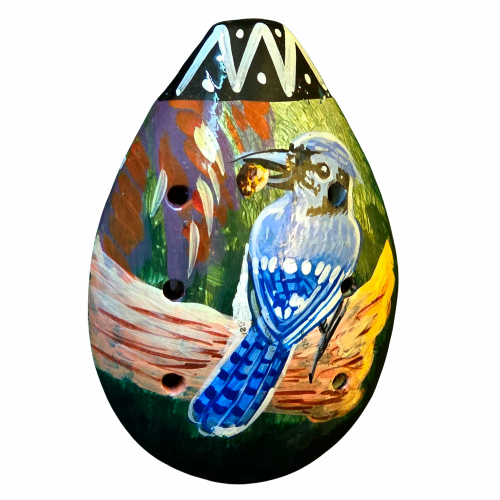 Ocarina ceramic whistle with painted wildlife figures - made by a Peruvian Amazon artisan - Amazon Ecology