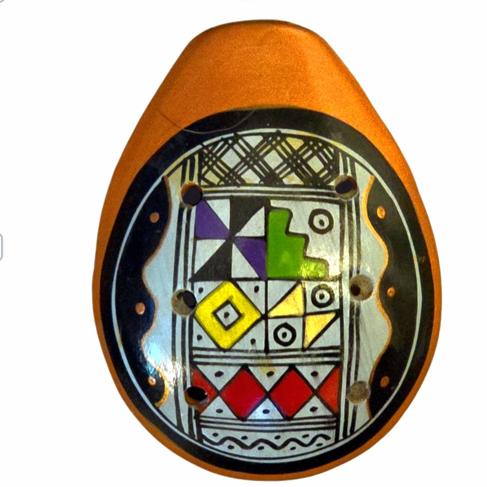 Ocarina ceramic flute with Shipibo and multi-colored designs from Peru - Amazon Ecology