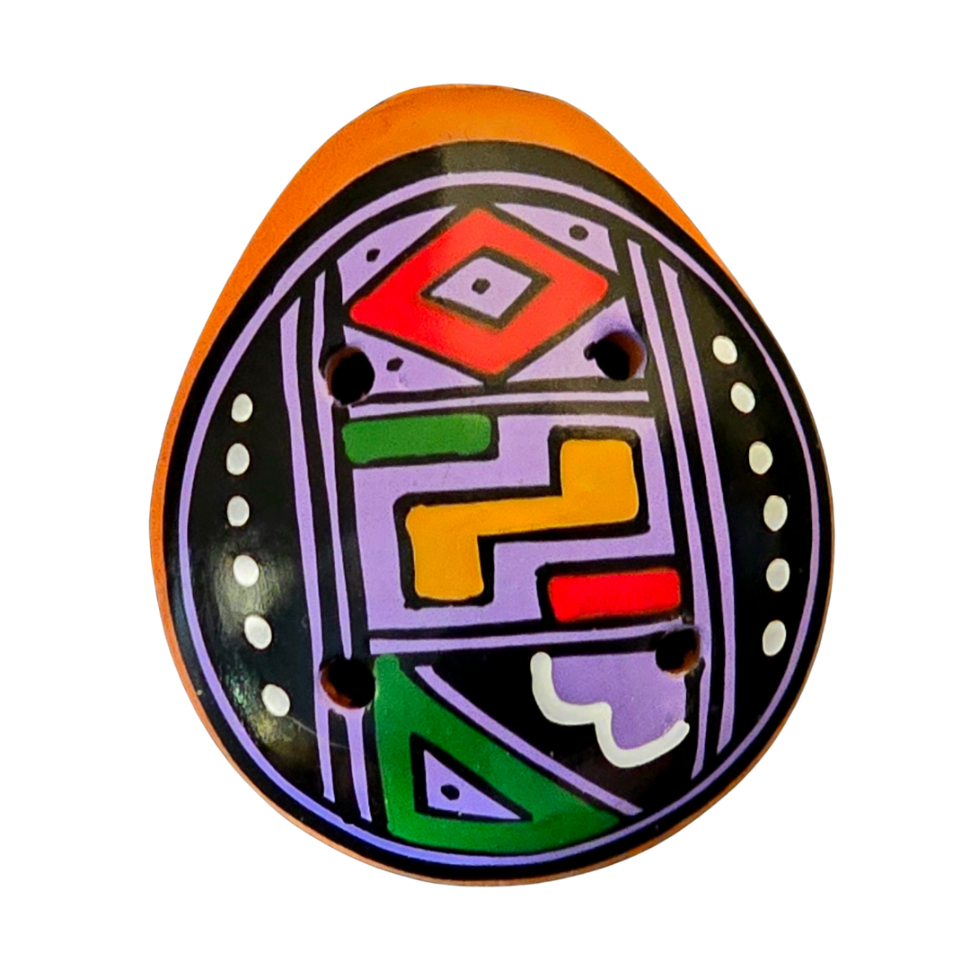 Small ocarina ceramic whistle with colorful Shipibo and geometric designs - made by a Peruvian Amazon artisan - Amazon Ecology