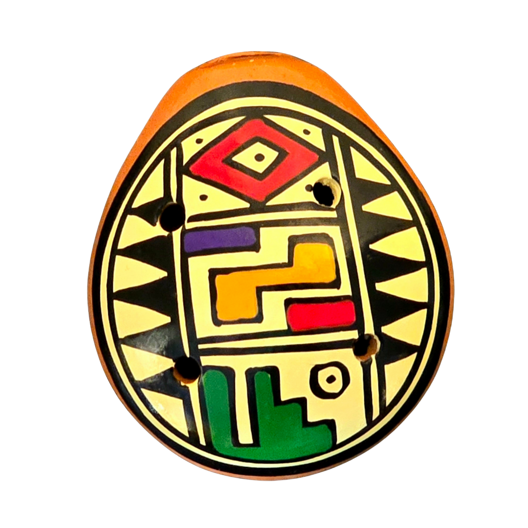 Small ocarina ceramic whistle with colorful Shipibo and geometric designs - made by a Peruvian Amazon artisan - Amazon Ecology
