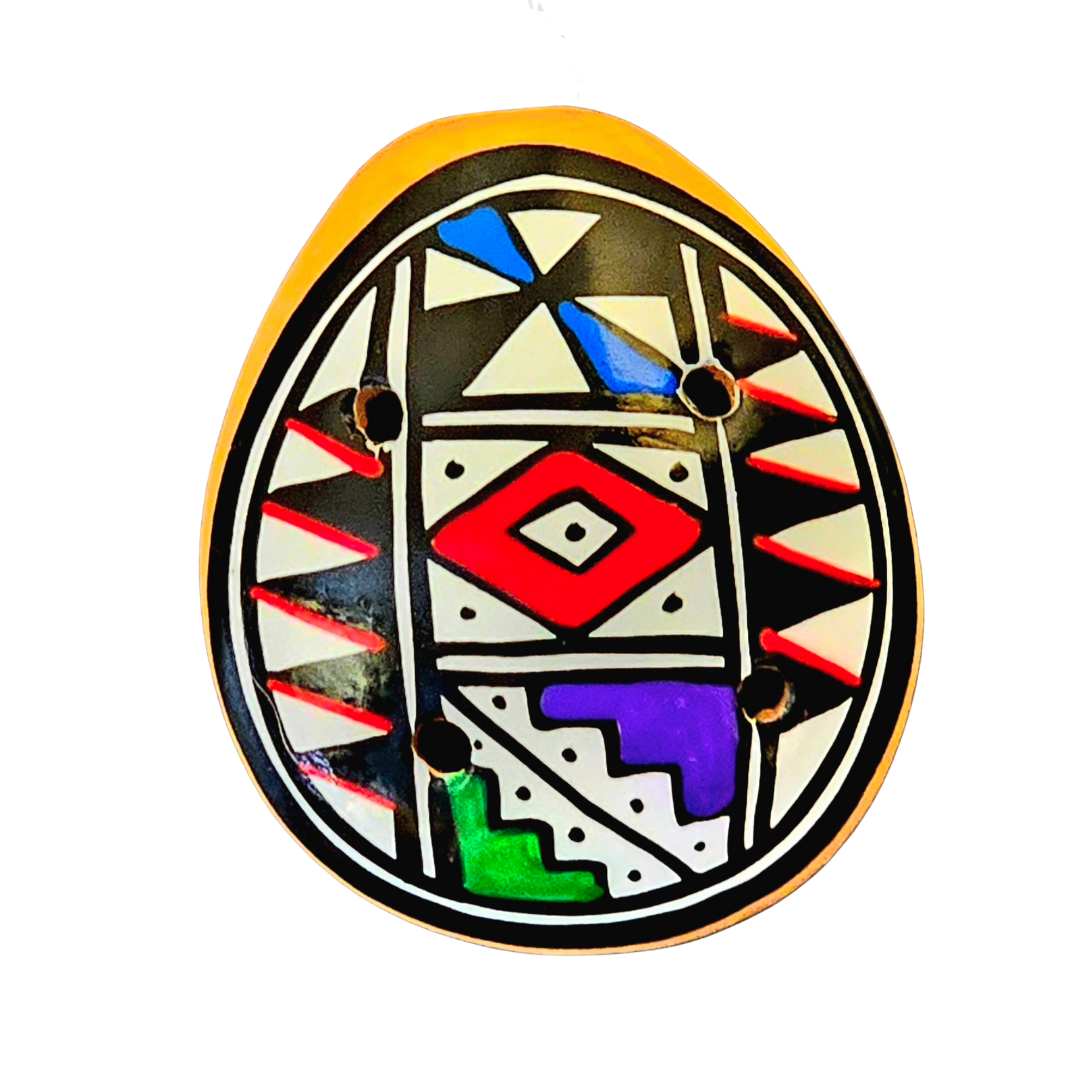 Small ocarina ceramic whistle with colorful Shipibo and geometric designs - made by a Peruvian Amazon artisan - Amazon Ecology