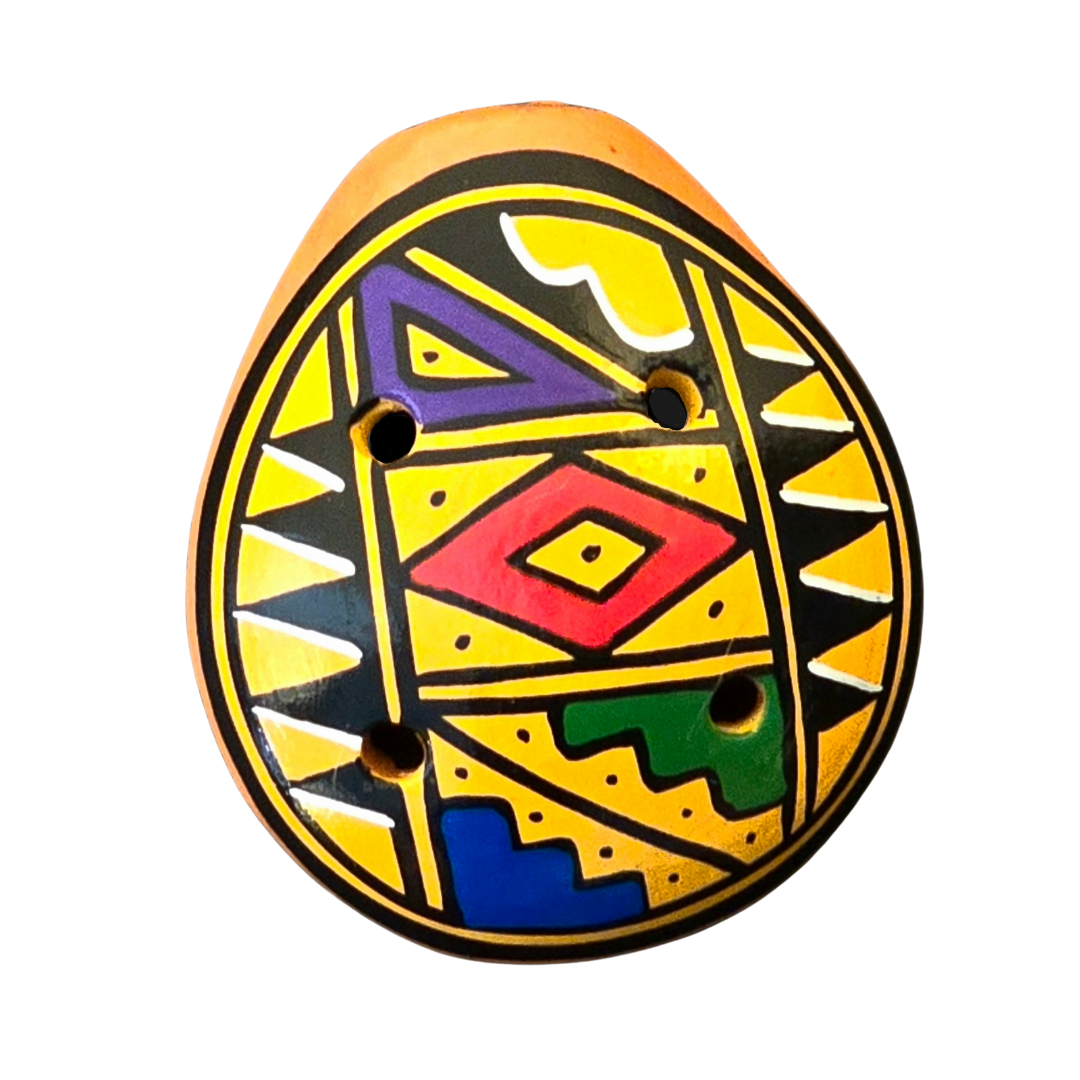 Small ocarina ceramic whistle with colorful Shipibo and geometric designs - made by a Peruvian Amazon artisan - Amazon Ecology