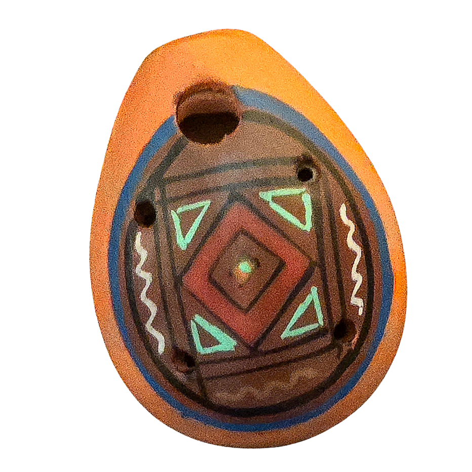 Small ocarina ceramic whistle with colorful Shipibo and geometric designs - made by a Peruvian Amazon artisan - Amazon Ecology