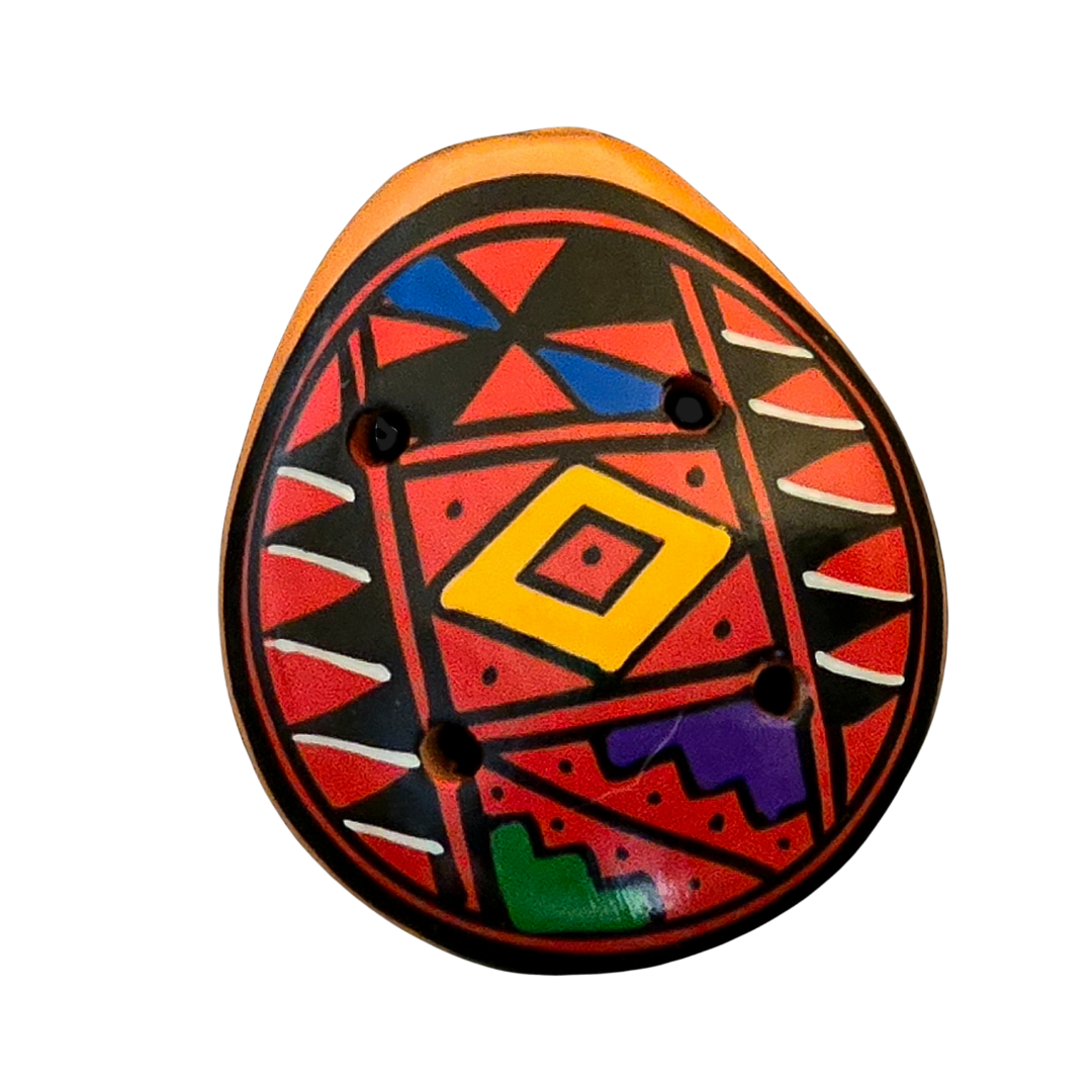Small ocarina ceramic whistle with colorful Shipibo and geometric designs - made by a Peruvian Amazon artisan - Amazon Ecology