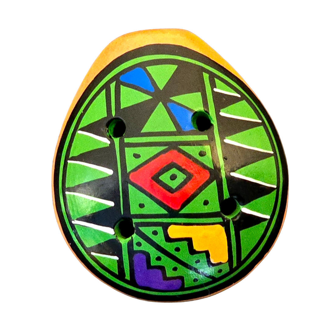 Small ocarina ceramic whistle with colorful Shipibo and geometric designs - made by a Peruvian Amazon artisan - Amazon Ecology