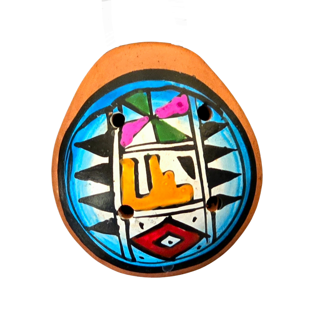 Small ocarina ceramic whistle with colorful Shipibo and geometric designs - made by a Peruvian Amazon artisan - Amazon Ecology