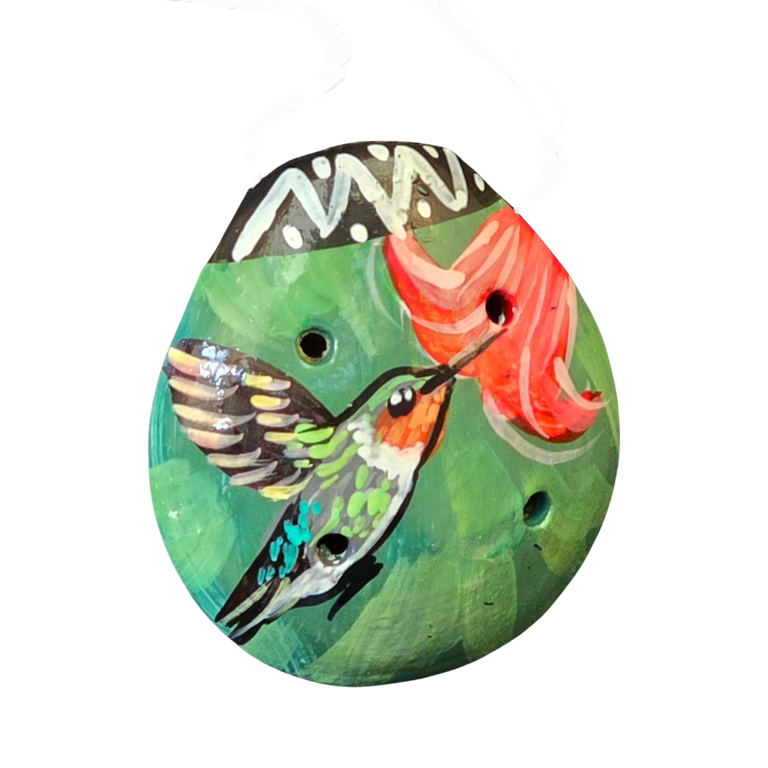 Small ocarina ceramic whistle with colorful Shipibo and geometric designs - made by a Peruvian Amazon artisan - Amazon Ecology