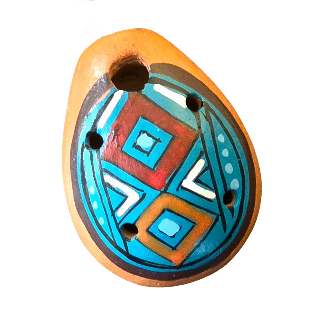 Small ocarina ceramic whistle with colorful Shipibo and geometric designs - made by a Peruvian Amazon artisan - Amazon Ecology