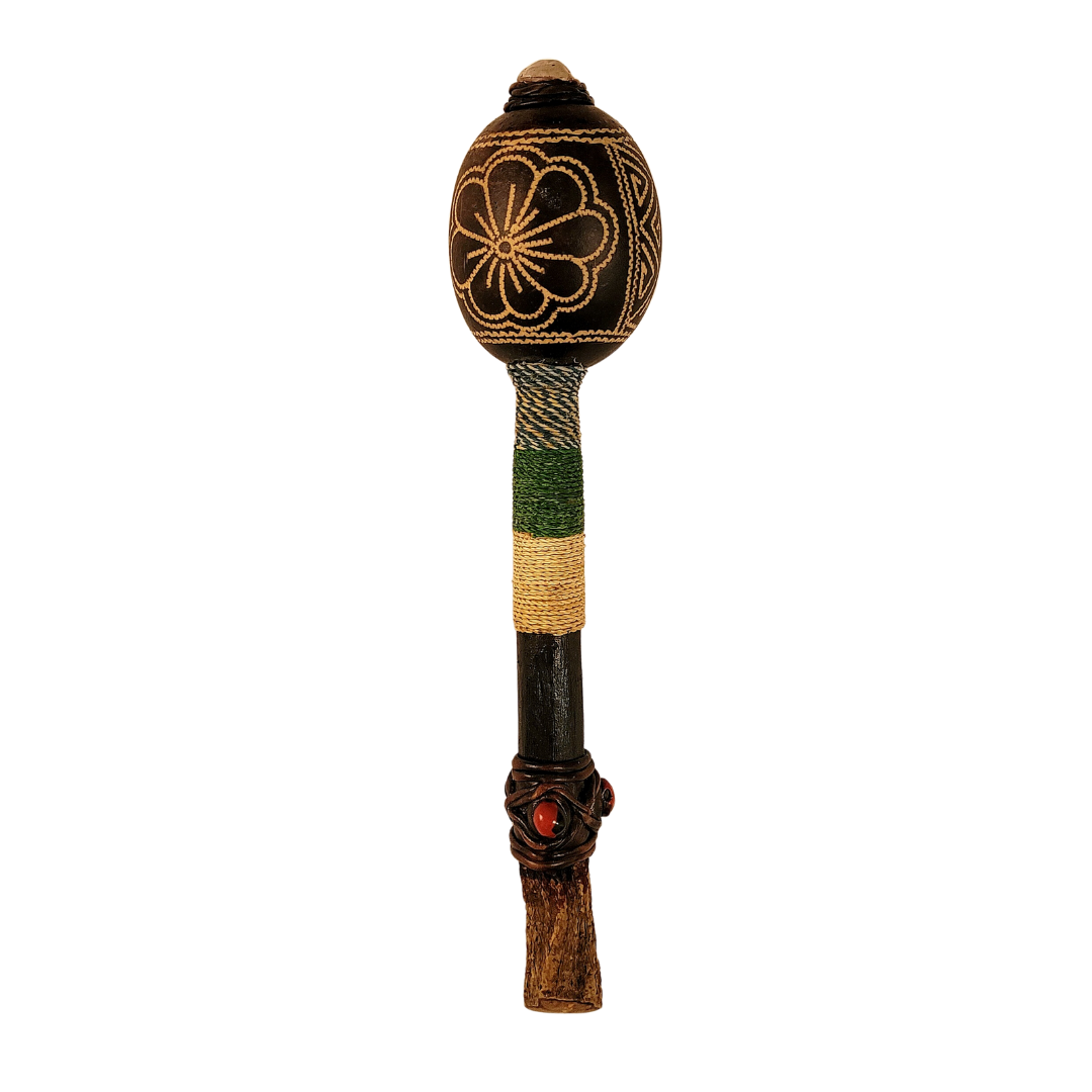 Calabash maraca with crystal carved with Kukama geometric designs - made by Peruvian Amazon artisan - Amazon Ecology