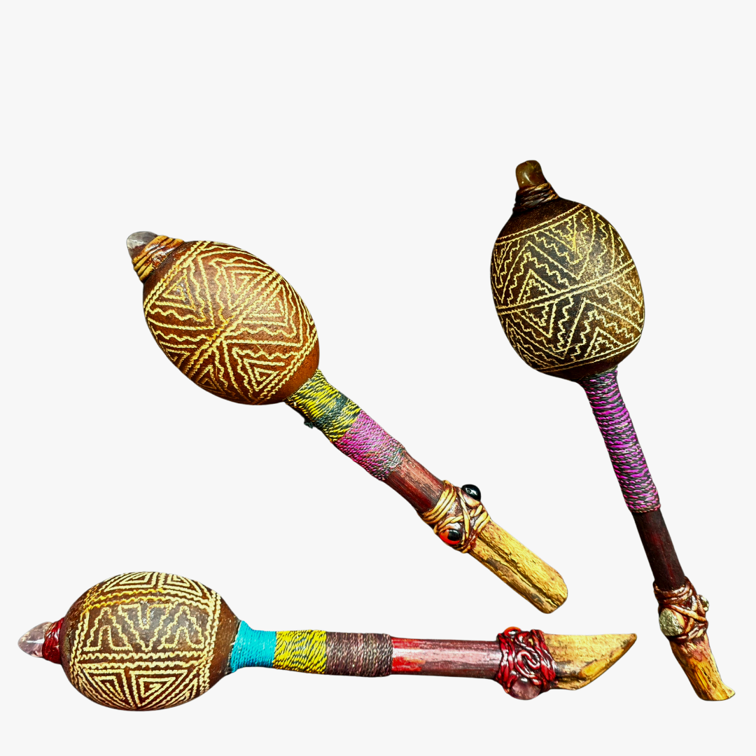 Calabash maraca with crystal carved with Kukama geometric designs - made by Peruvian Amazon artisan - Amazon Ecology