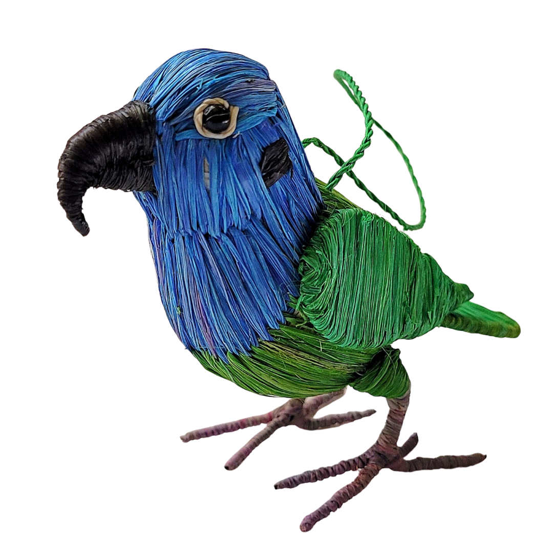 BLUE-HEADED PARROT BIRD - FAIR-TRADE CHRISTMAS TREE ORNAMENT - WOVEN BY PERUVIAN AMAZON ARTISAN - Amazon Ecology