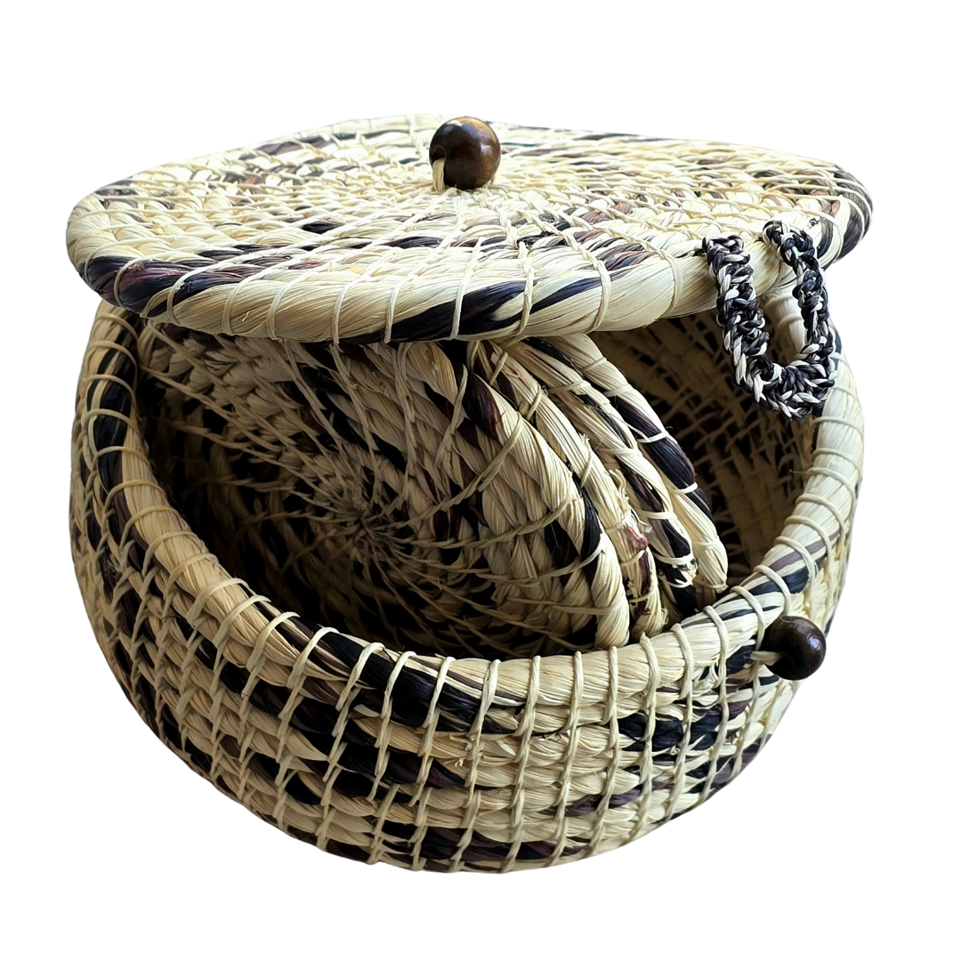 Chambira woven pot with top - white with color swirls- handmade by Peruvian artisan - Amazon Ecology