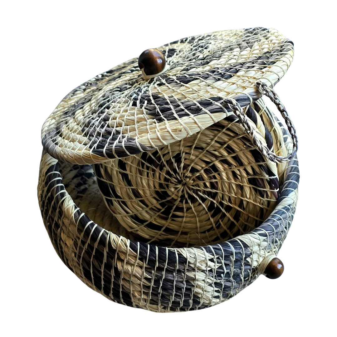 Chambira woven pot with top - white with color swirls- handmade by Peruvian artisan - Amazon Ecology