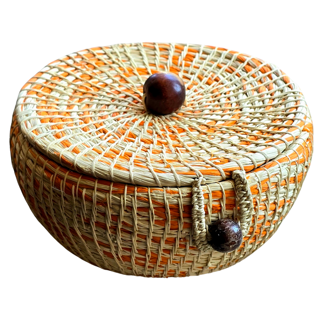 Chambira woven pot with top - white with color swirls- handmade by Peruvian artisan - Amazon Ecology