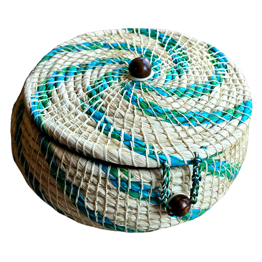 Chambira woven pot with top - white with color swirls- handmade by Peruvian artisan - Amazon Ecology