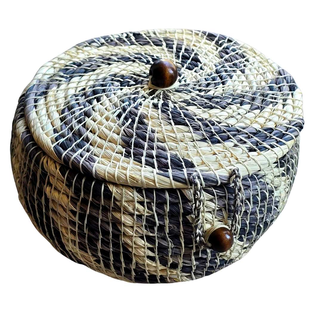 Chambira woven pot with top - white with color swirls- handmade by Peruvian artisan - Amazon Ecology