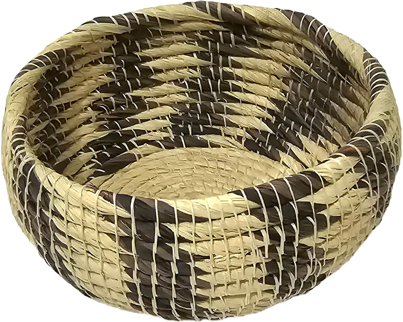 White chambira woven pots colored swirls with open top - handmade by Peruvian artisan - Amazon Ecology