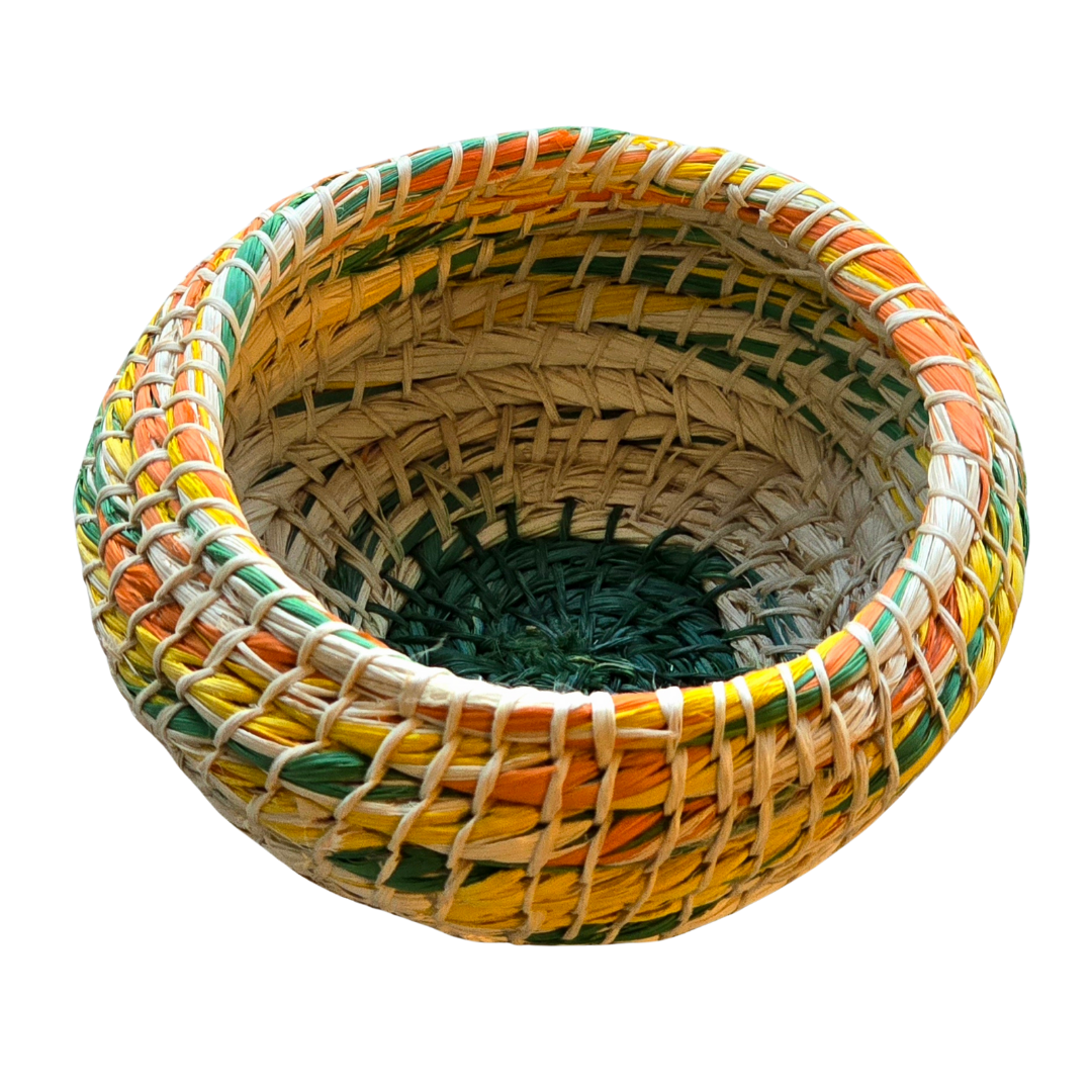 White chambira woven pots colored swirls with open top - handmade by Peruvian artisan - Amazon Ecology