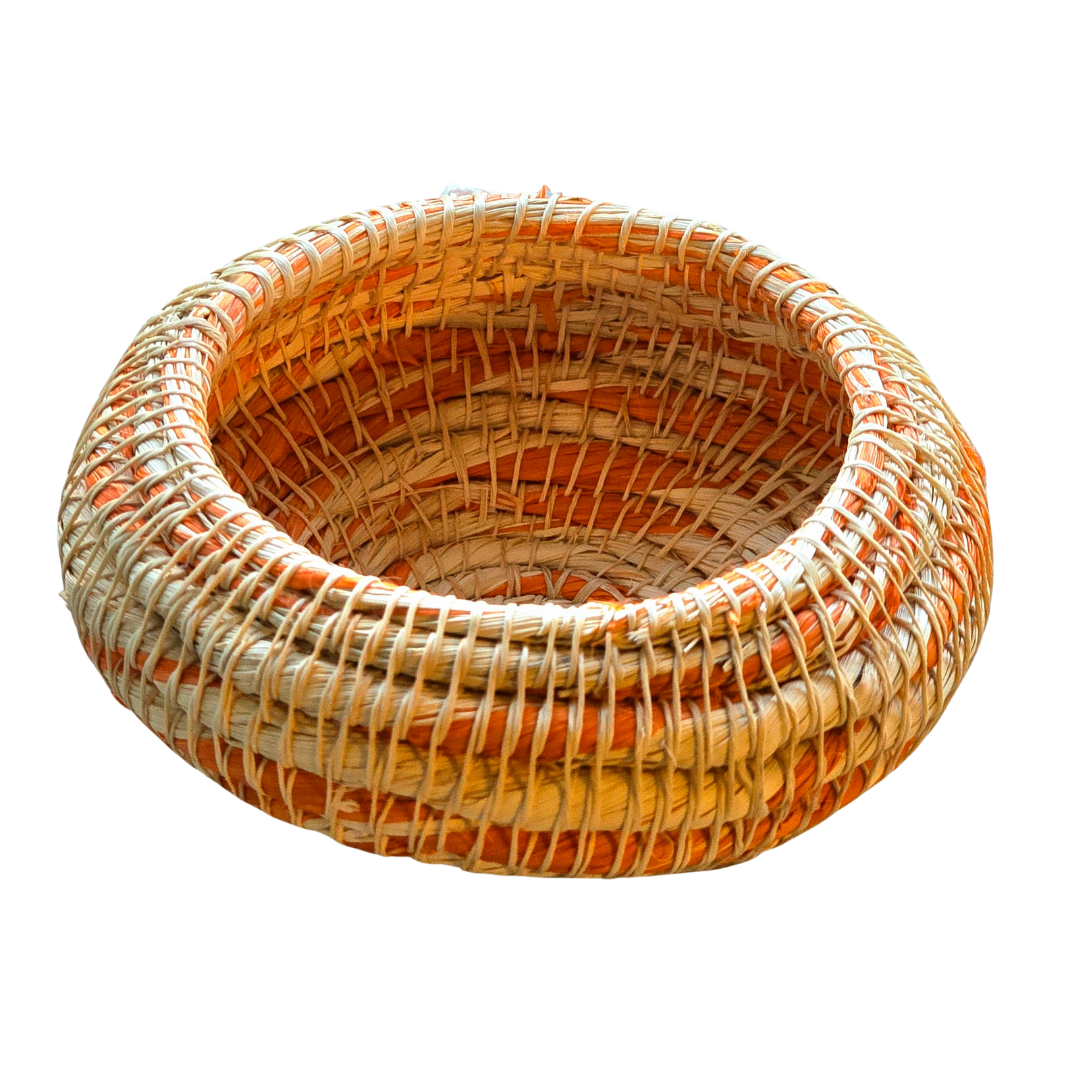 White chambira woven pots colored swirls with open top - handmade by Peruvian artisan - Amazon Ecology