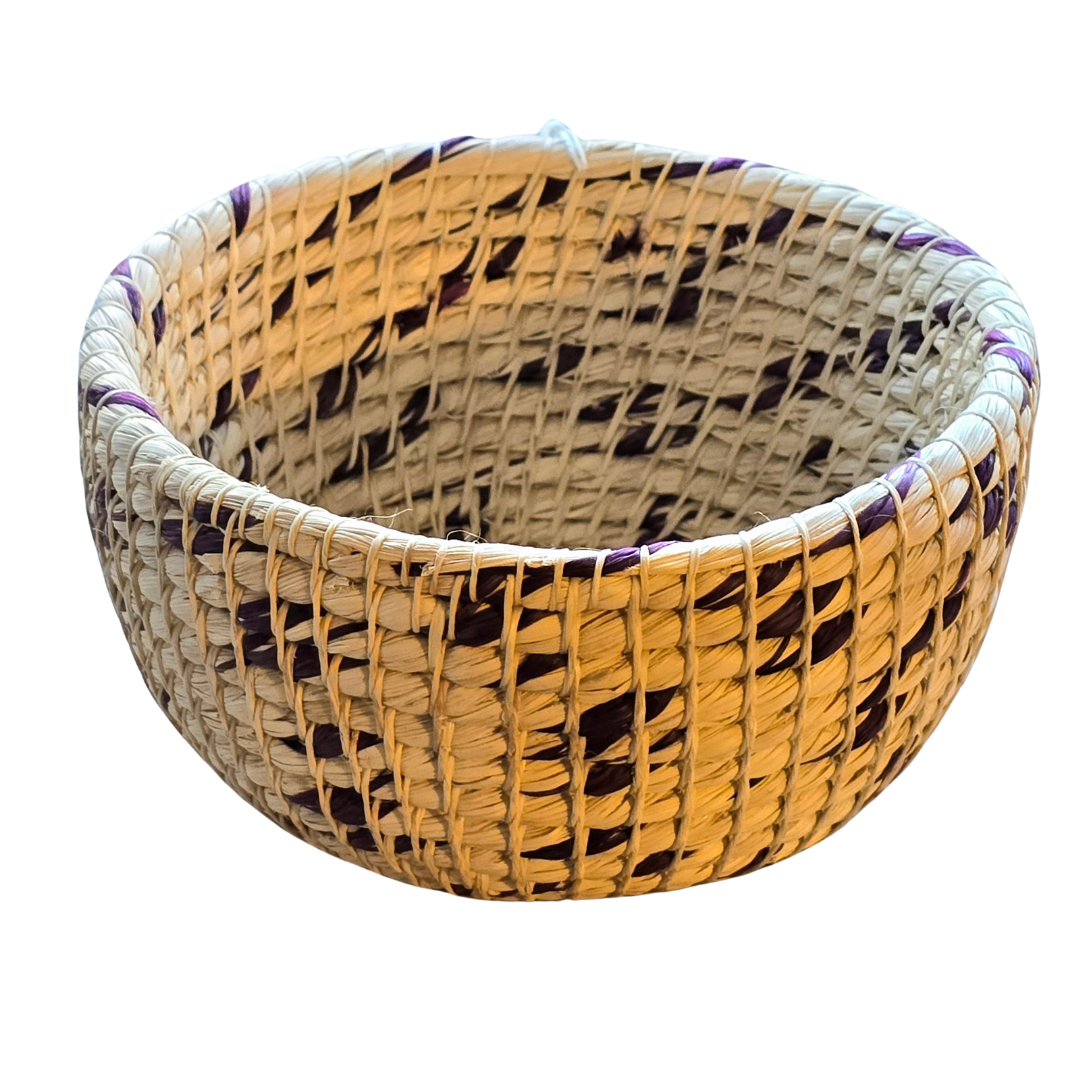 White chambira woven pots colored swirls with open top - handmade by Peruvian artisan - Amazon Ecology