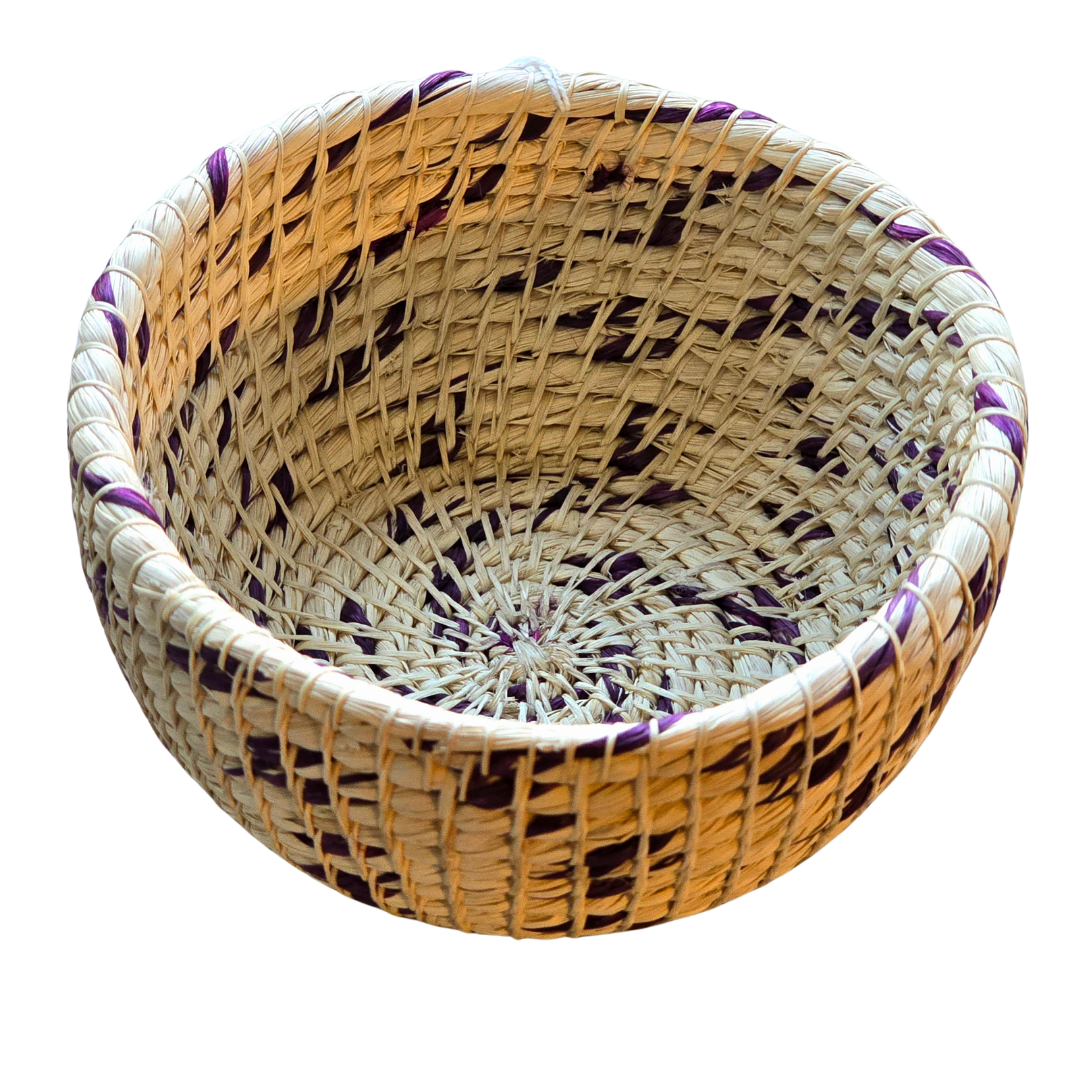 White chambira woven pots colored swirls with open top - handmade by Peruvian artisan - Amazon Ecology