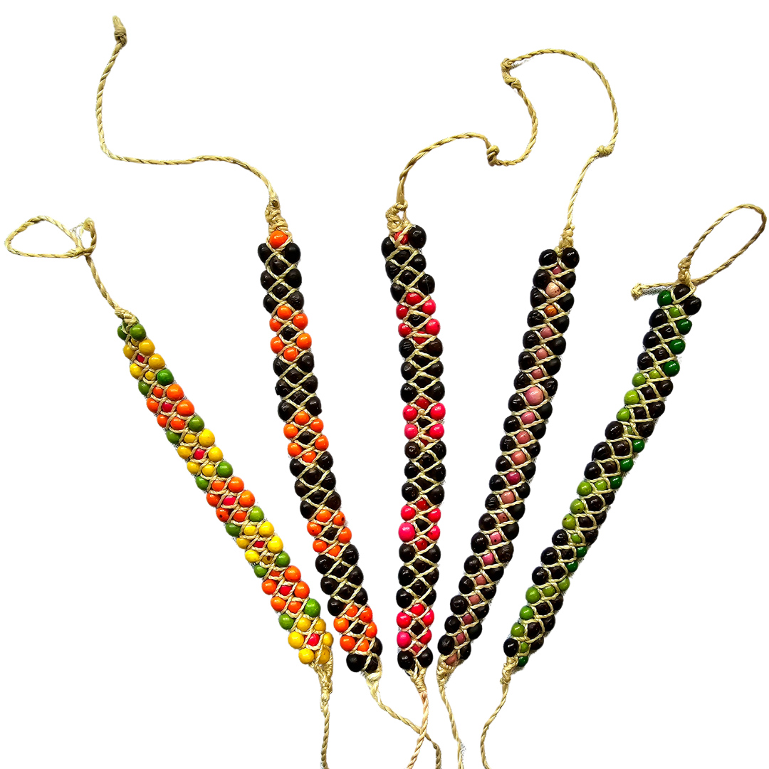 Three-row colored achira seed bracelet made by Peruvian Amazon artisan - Amazon Ecology