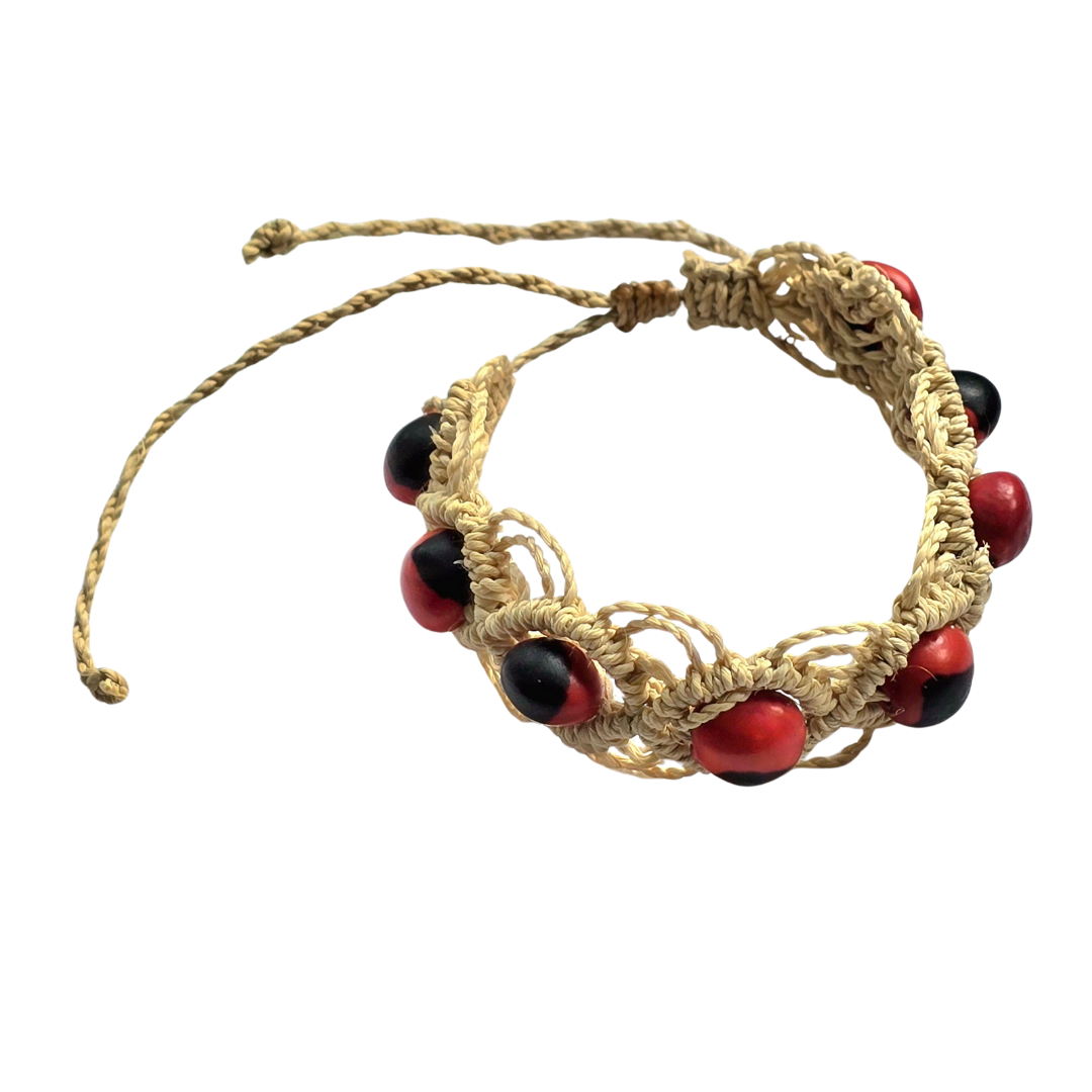 Huayruru and chambira palm fiber macrame bracelets - made by Peruvian Amazon native artisans - Amazon Ecology