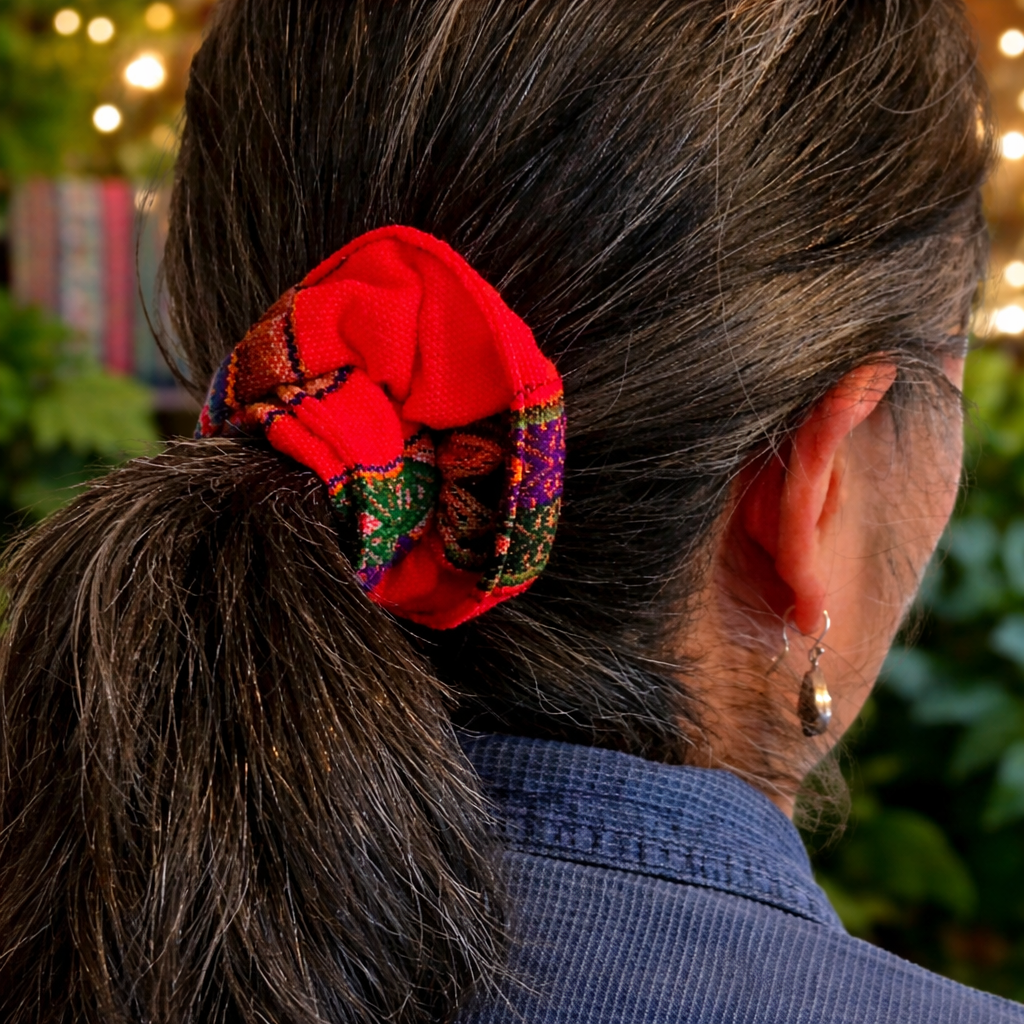 Colorful mantel pattern cotton scrunchies - made by artisan from Peruvian Amazon - Amazon Ecology