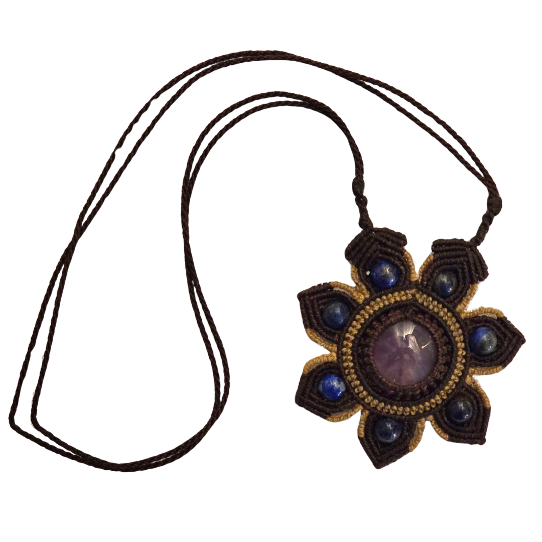 Amethyst crystal macrame flower necklace from the Peruvian Amazon - Amazon Ecology