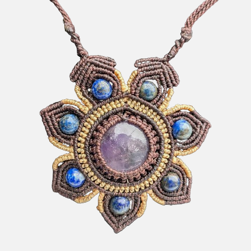 Amethyst crystal macrame flower necklace from the Peruvian Amazon - Amazon Ecology