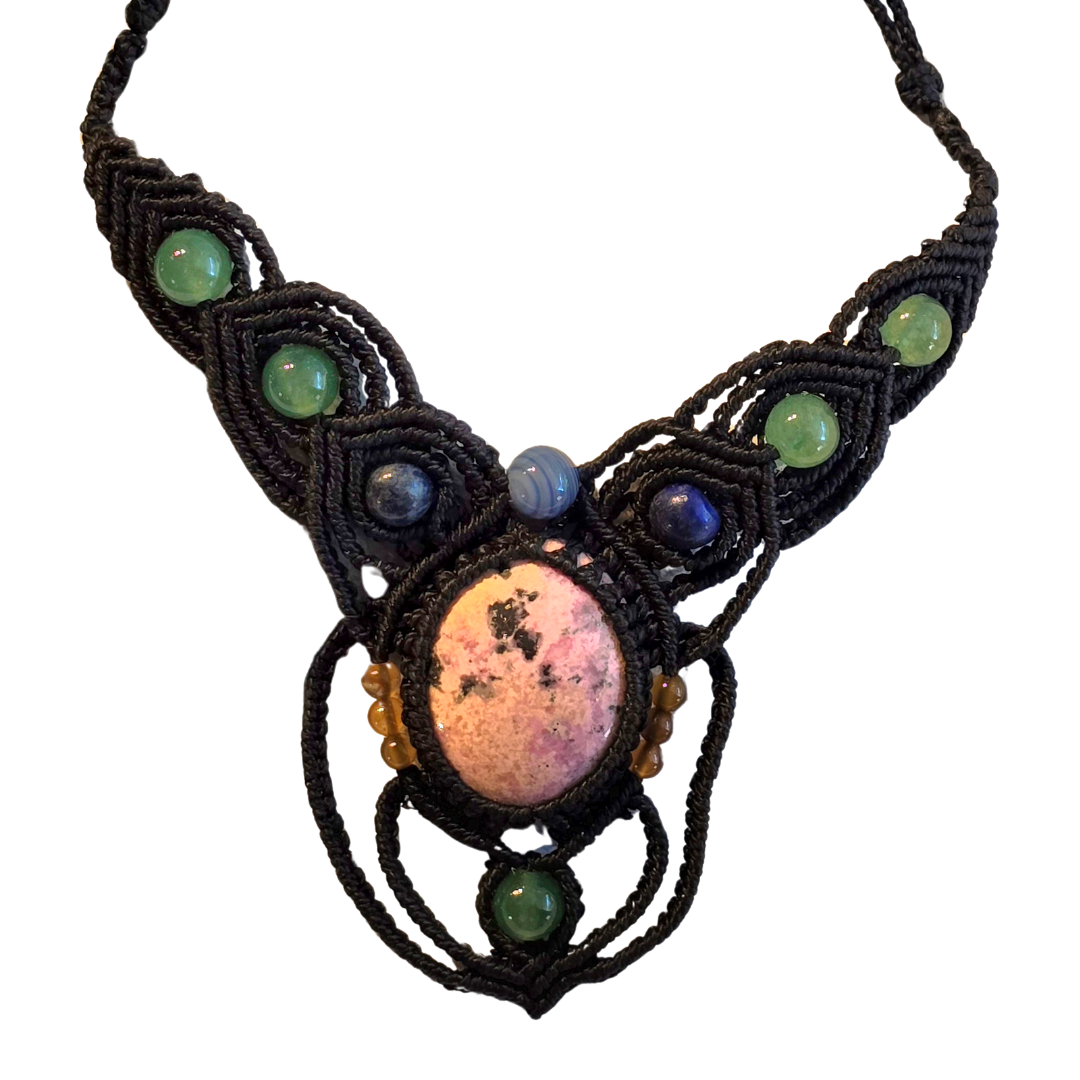 Pink jasper stone macrame necklace from the Peruvian Amazon