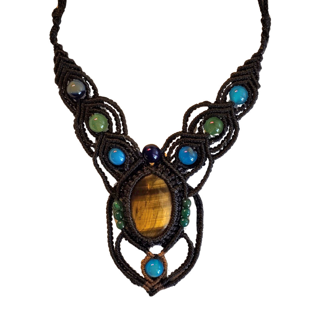 Tiger's eye stone macrame necklace from the Peruvian Amazon