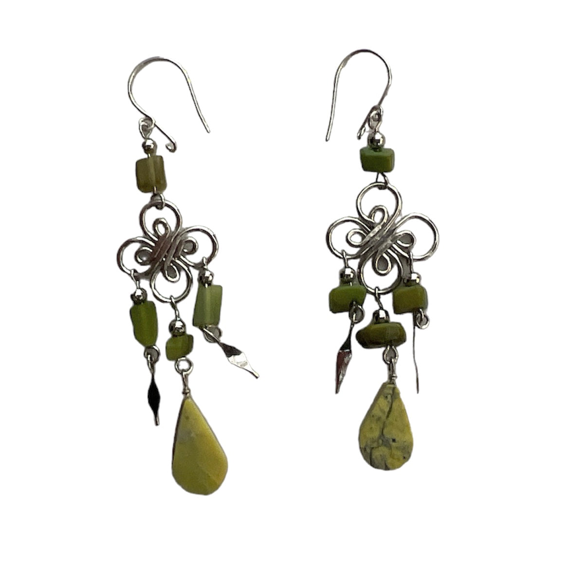 Dangly Silver Wire and Green Serpentine Earrings - Made by Peruvian Amazon Artisan - Amazon Ecology