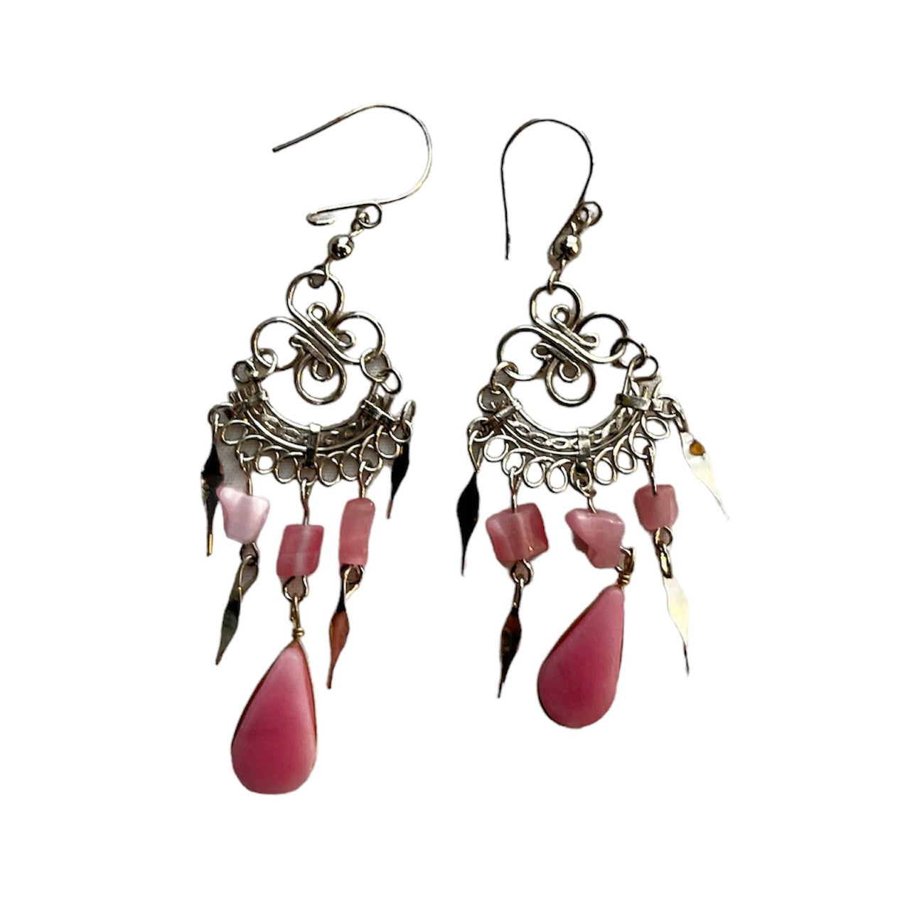 Dangly Silver Wire and Pink Quartz Earrings - Made by Peruvian Amazon Artisan - Amazon Ecology