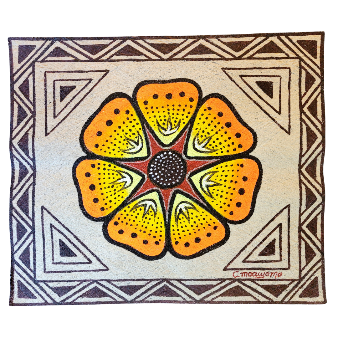 Kukama ayahuasca flower painting on llanchama tree bark canvas - made by Peruvian Amazon artists - Amazon Ecology