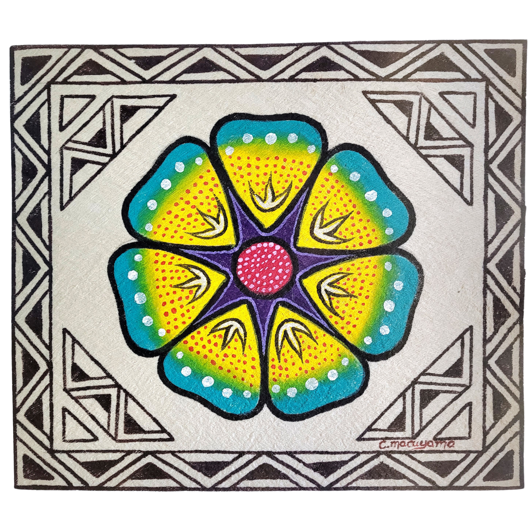 Kukama ayahuasca flower painting on llanchama tree bark canvas - made by Peruvian Amazon artists - Amazon Ecology
