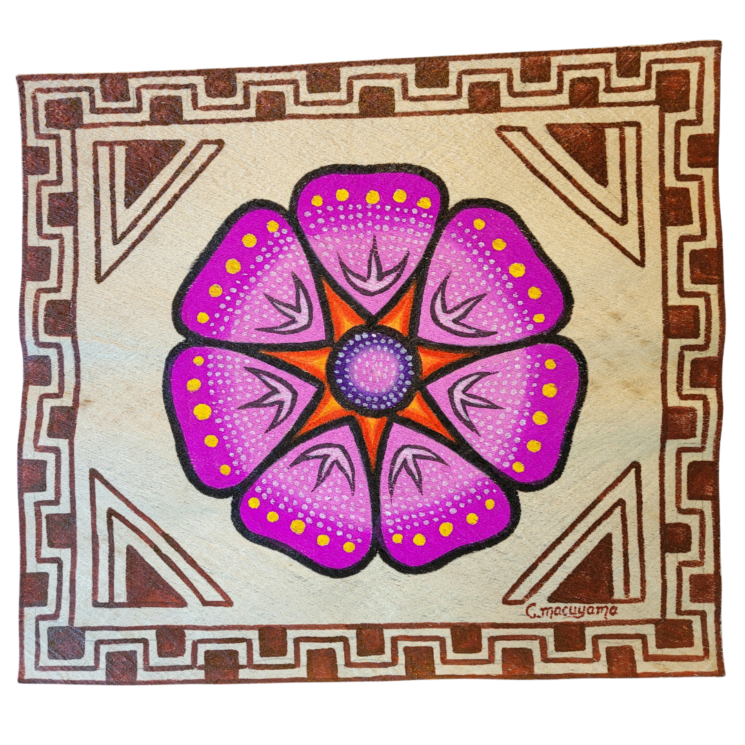 Kukama ayahuasca flower painting on llanchama tree bark canvas - made by Peruvian Amazon artists - Amazon Ecology