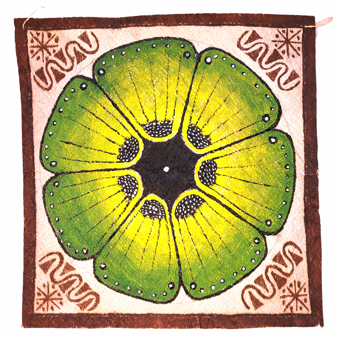 Kukama ayahuasca flower painting on llanchama tree bark canvas - made by Peruvian Amazon artists - Amazon Ecology