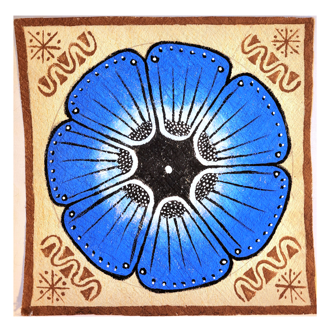 Kukama ayahuasca flower painting on llanchama tree bark canvas - made by Peruvian Amazon artists - Amazon Ecology