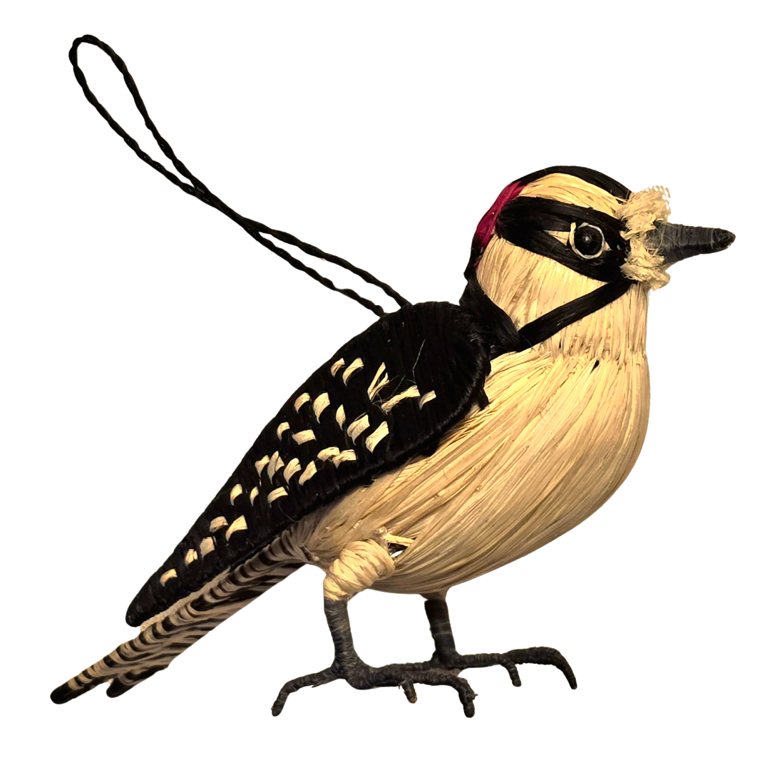 DOWNY WOODPECKER BIRD WOVEN ORNAMENT - HANDMADE BY PERUVIAN AMAZON ARTISAN - Amazon Ecology