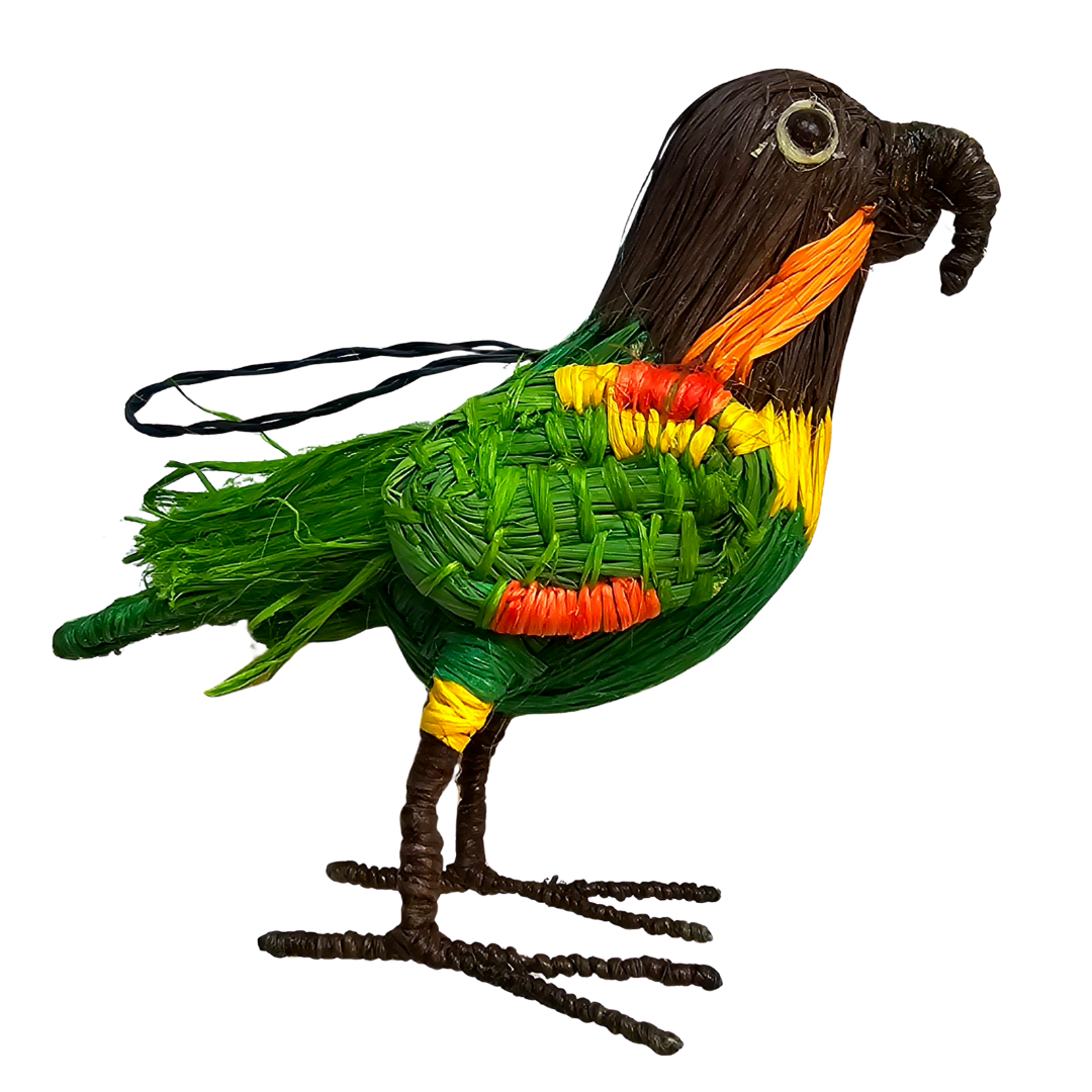 Orange cheeked parrot - woven bird ornament - handmade by a Peruvian Amazon artisan - Amazon Ecology