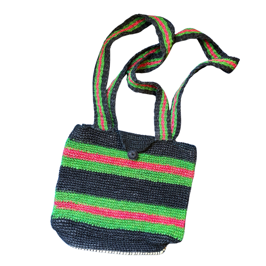 Crocheted Black, Black & Red Purse, Double Strap & Clasp, bag made in Peruvian Amazon - Amazon Ecology