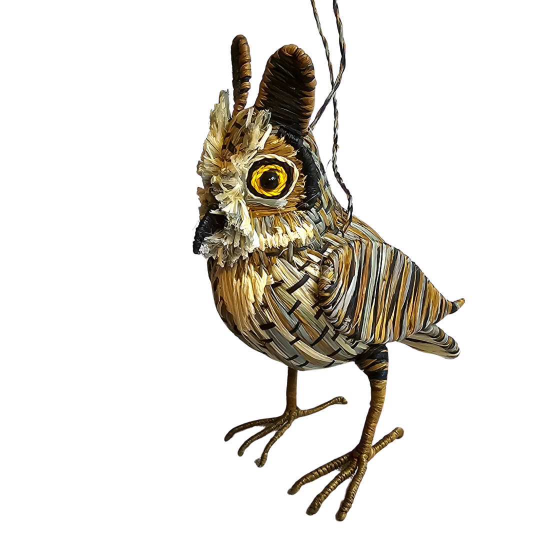 GREAT HORNED OWL BIRD FAIR -TRADE ORNAMENT AND DECORATION- WOVEN BY PERUVIAN AMAZON ARTISAN - Amazon Ecology