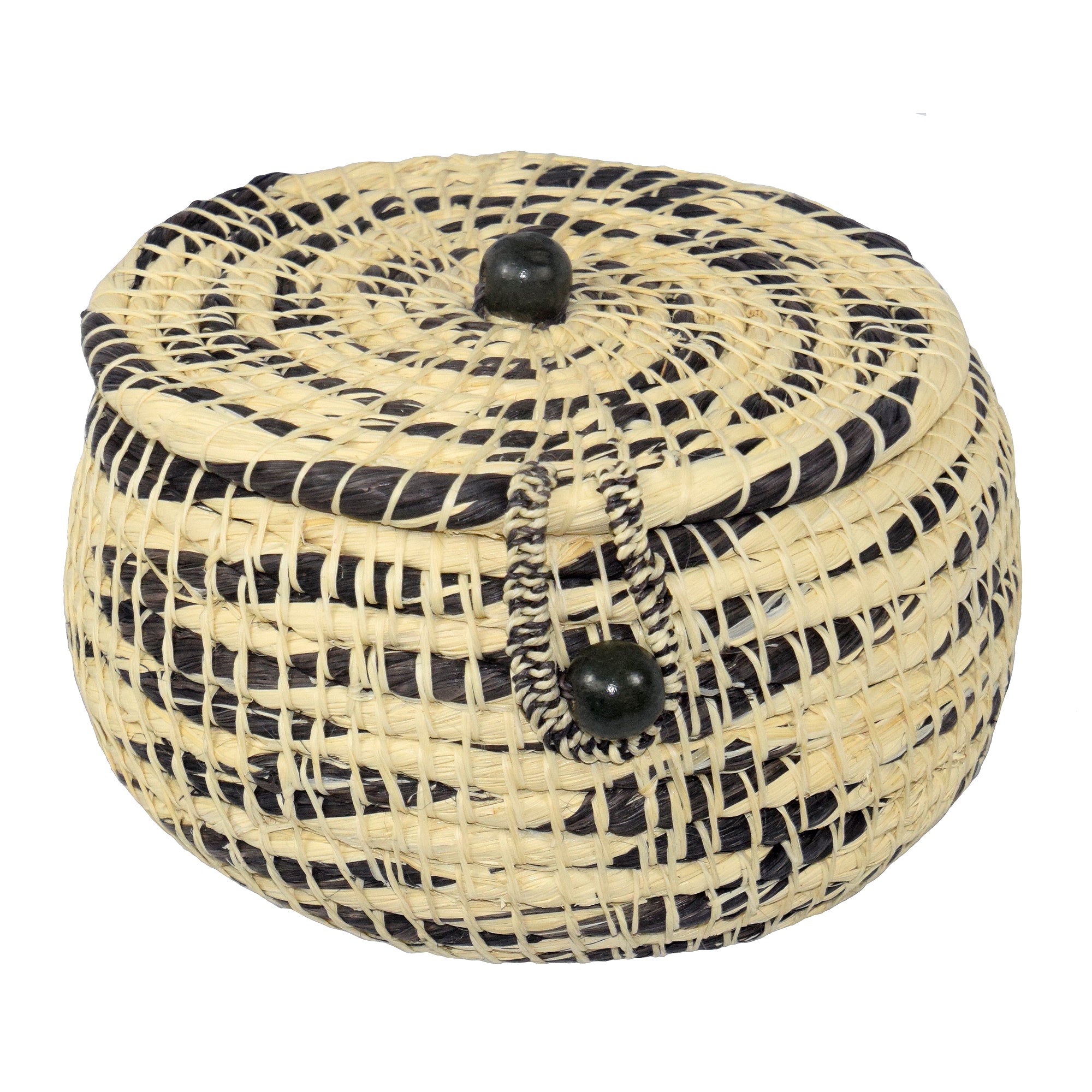 Chambira woven pot with top - white with color swirls- handmade by Peruvian artisan - Amazon Ecology