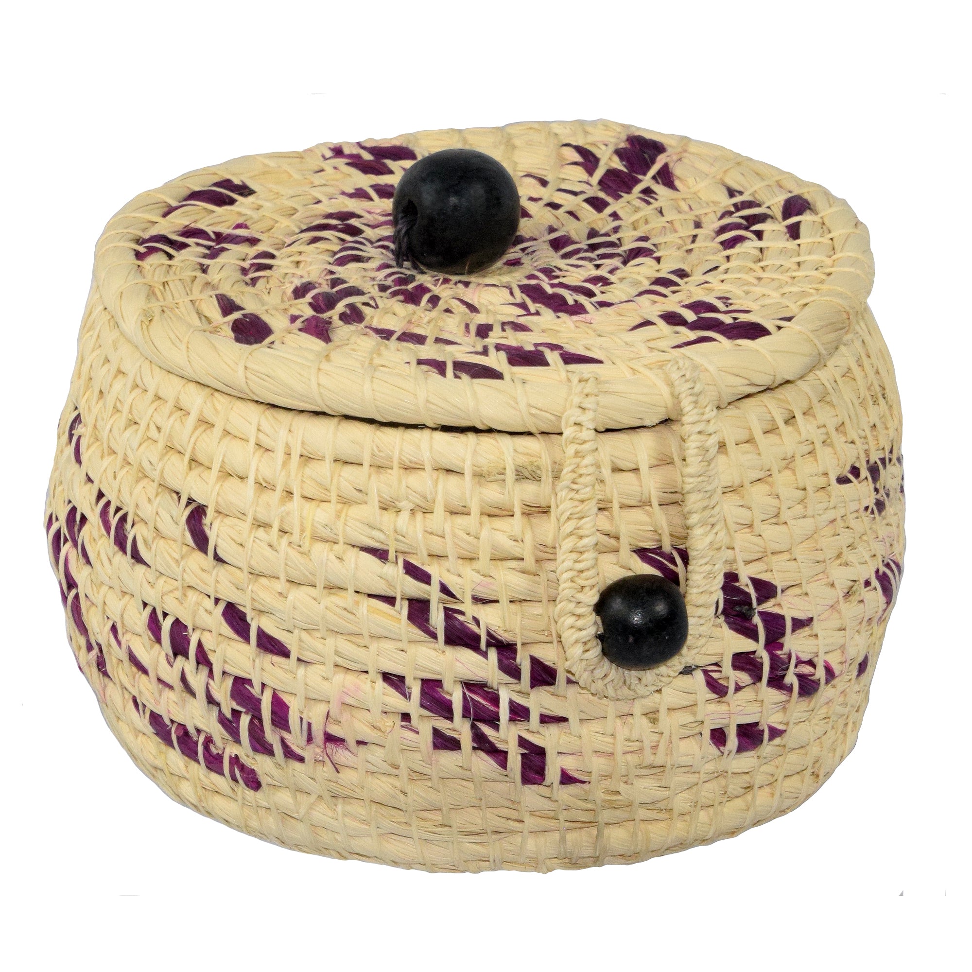 Chambira woven pot with top - white with color swirls- handmade by Peruvian artisan - Amazon Ecology