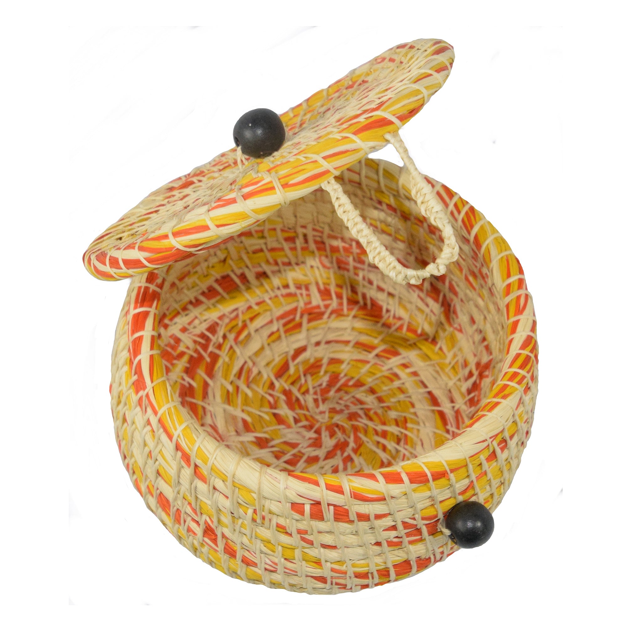 Chambira woven pot with top - white with color swirls- handmade by Peruvian artisan - Amazon Ecology