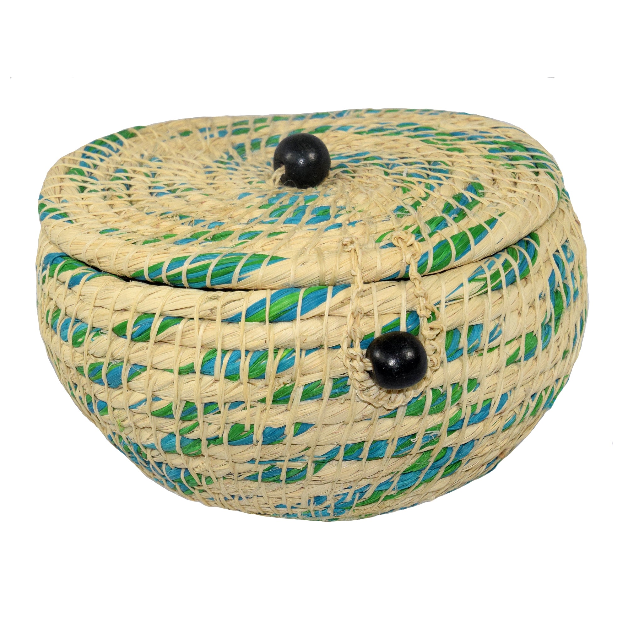 Chambira woven pot with top - white with color swirls- handmade by Peruvian artisan - Amazon Ecology