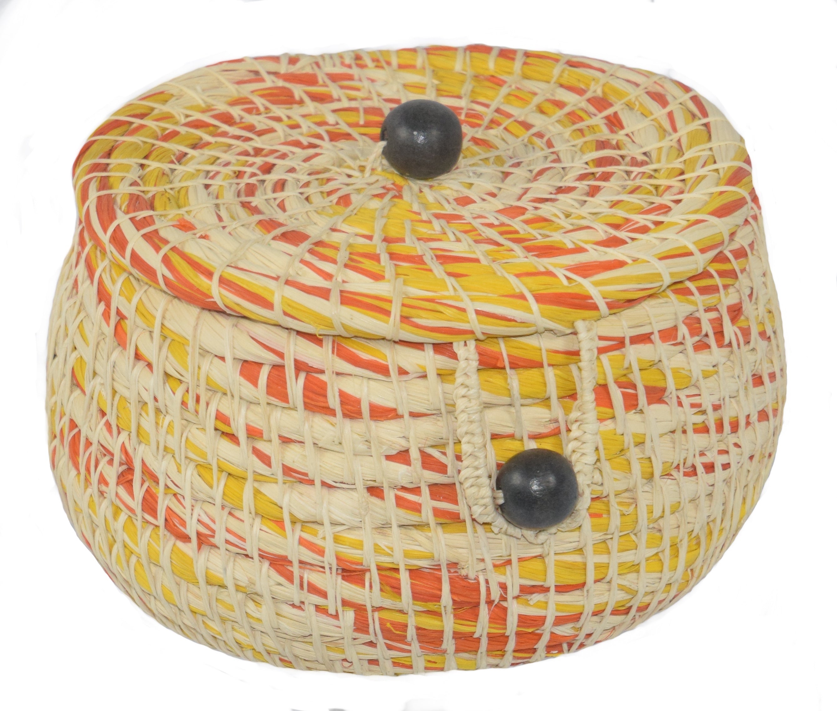 Chambira woven pot with top - white with color swirls- handmade by Peruvian artisan - Amazon Ecology
